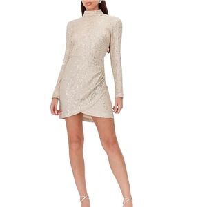 Adelyn Rae Sequin Dress Party Cocktail Mock Neck Long Sleeve Nude/Silver M NEW